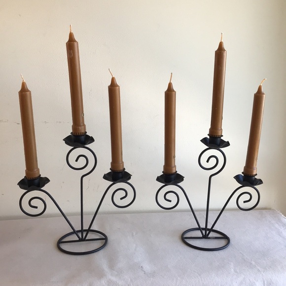 Set of 2 candelabras 6 candles Black wrought iron holder Harvest gold wax candle - Picture 2 of 8